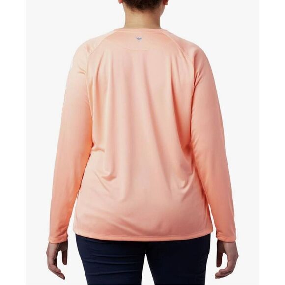 Columbia Women’s 1X PFG Tidal Tee II Solid Long Sleeve Logo Tee in Peach Pink - Picture 9 of 13